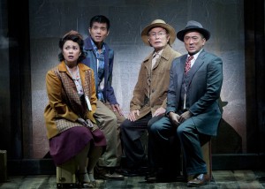 (from left) Lea Salonga as Kei Kimura, Telly Leung as Sammy Kimura, George Takei as Ojii-san and Paul Nakauchi as Tatsuo Kimura in the World Premiere of Allegiance - A New American Musical, with music and lyrics by Jay Kuo and book by Marc Acito, Kuo and Lorenzo Thione, directed by Stafford Arima, Sept. 7 - Oct. 21, 2012 at The Old Globe. Photo by Henry DiRocco.