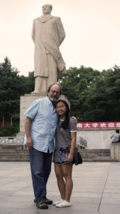 Olivia Wolf with her dad at Mao Statue at Hunan University in Changsha