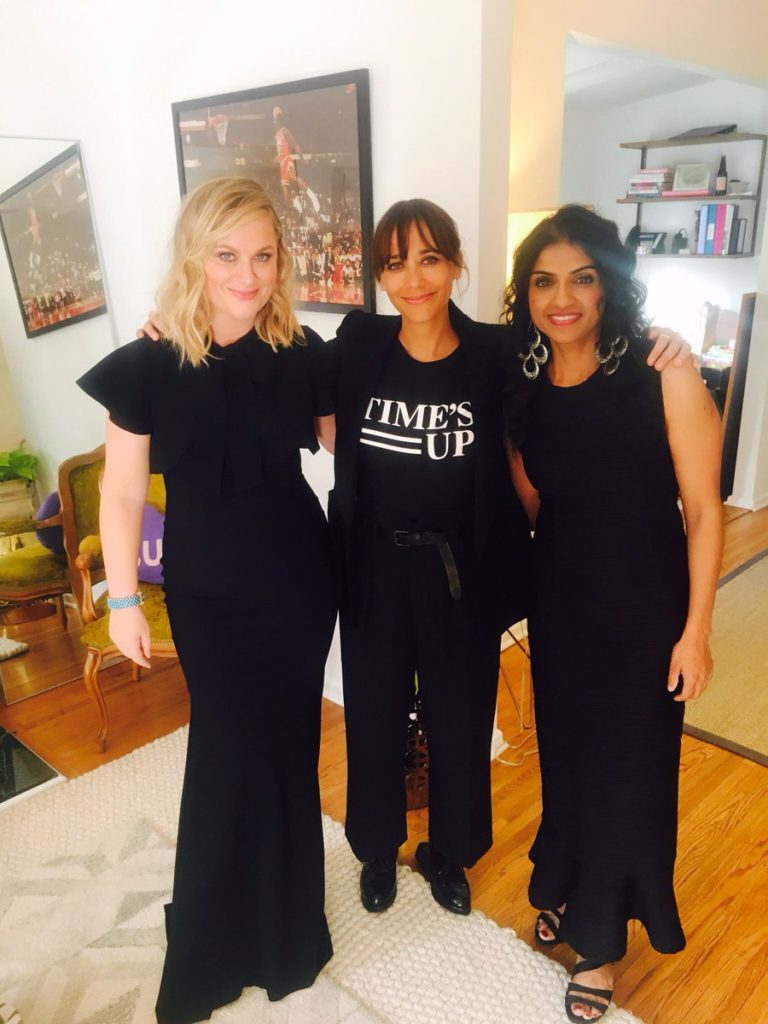 Saru Jayaraman with Amy Poehler and Rashida Jones before the Golden Globes 2018