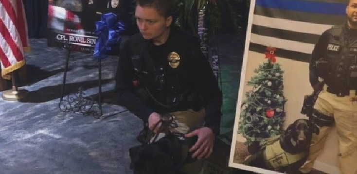 Sam, the police dog assigned to Officer Ronil Singh, attended today's vigil