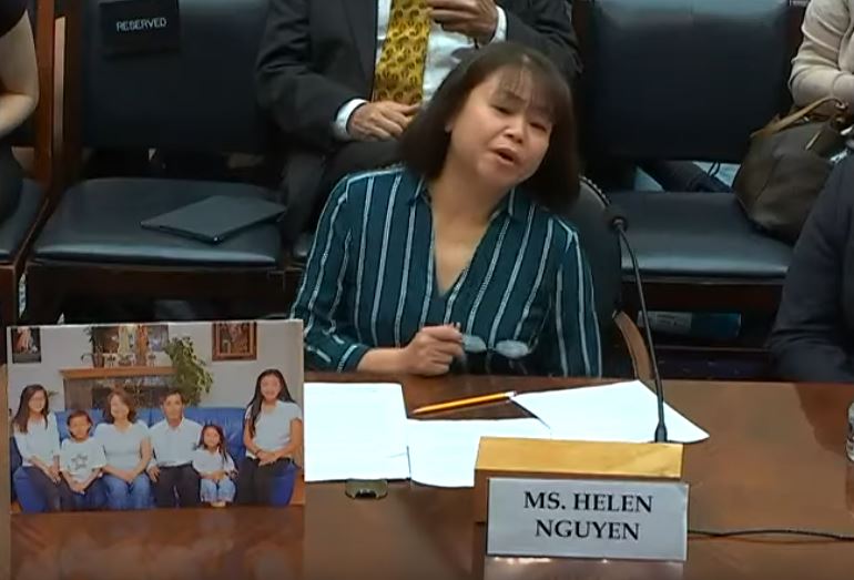 Helen Nguyen testifies before Congress pleading for help in winning the release of her husband from a prison in Vietnam