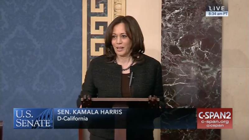 Kamala Harris is seen here on the Senate floor speaking in support of the Lynching Act 