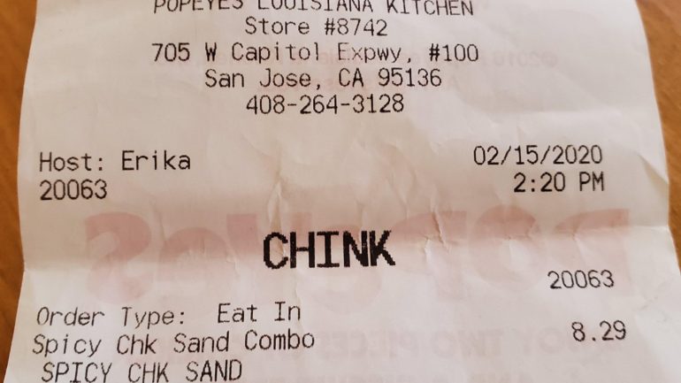 Asian Customer Called “Ch*nk” on Receipt at a Popeyes in San Jose