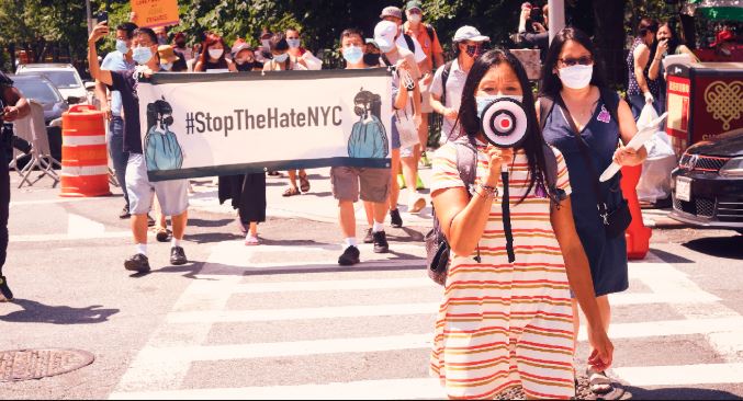 Shirley Ng leads the Stop the Hate rally in New York City