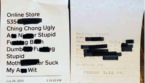 racist receipt received by Stix in San Francisco via an online ordering platform