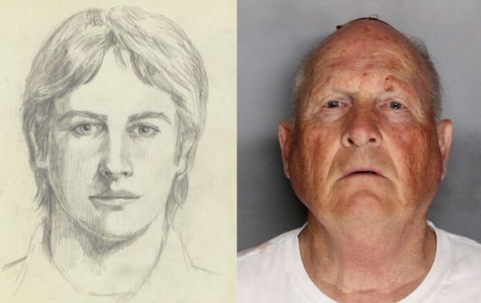 Mug shot and original police sketch of Joseph DeAngelo, the Golden State Killer