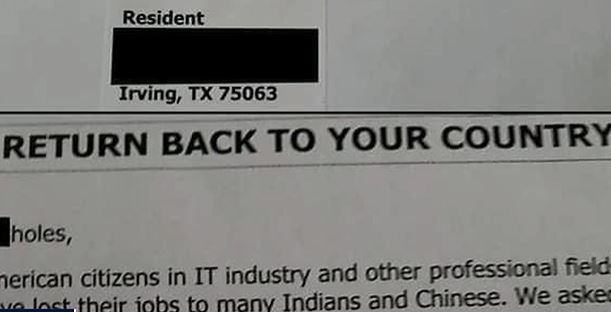 racist letter Irving, TX