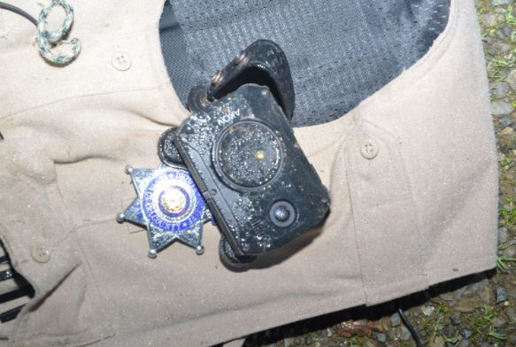 Santa Clara Sheriff Office Photo shows a bullet hit the camera worn by Deputy Gill