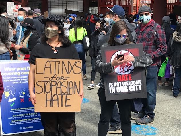 A diverse crowd attended the rally in San Francisco for the Atlanta shooting victims. 