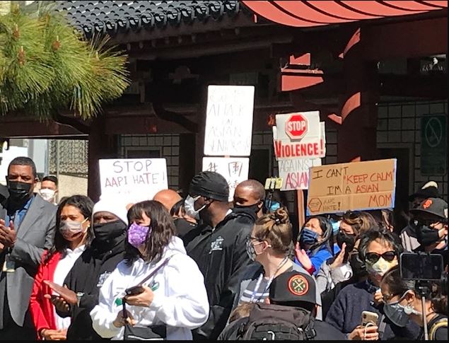 A diverse crowd attended the rally in San Francisco for the Atlanta shooting victims. 