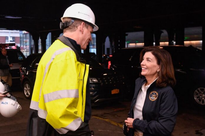 Governor Kathy Hochul joins MTA Acting Chair & CEO Janno Lieber, Rep. Carolyn Maloney, LIRR President Phil Eng, and SMART General Chairman Anthony Simon aboard a test train from Jamaica to the East Side Access complex at Grand Central Terminal on Sun., October 31, 2021.