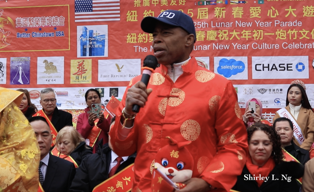 NYC Mayor Eric Adams speaks at the Chinatown Lunar New Year Firecracker Ceremony. Credit: Shirley L. Ng