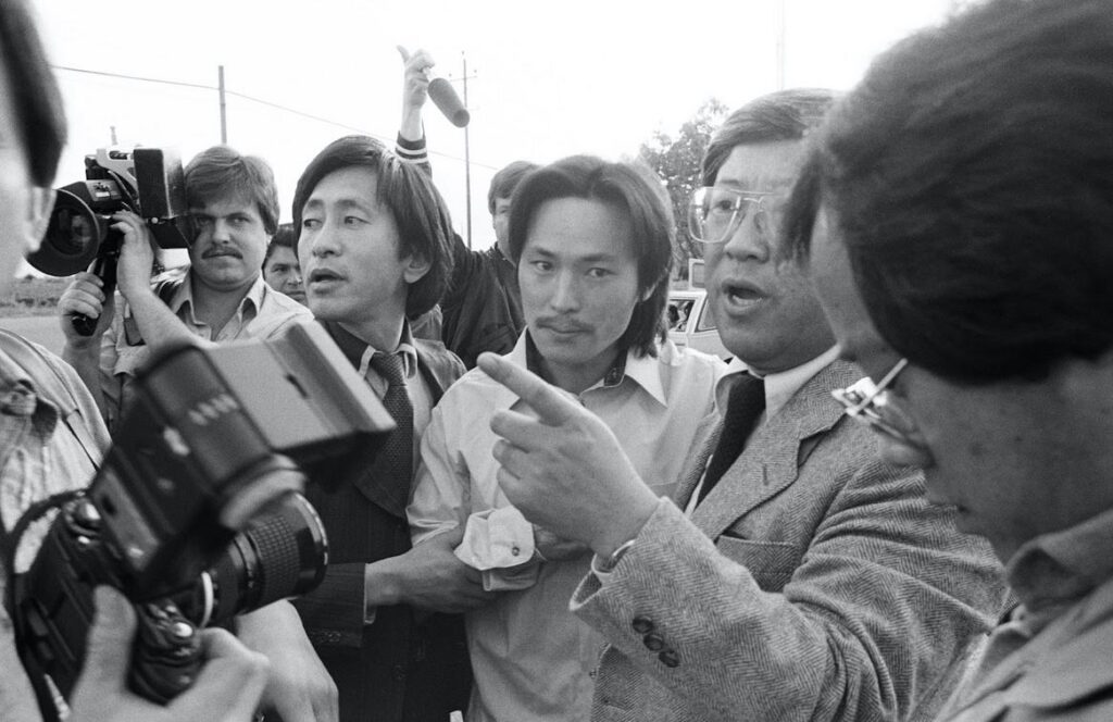 TV News crews surround Chol Soo Lee after he is released from prison on March 28, 1983
