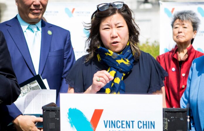 Rep Grace Meng speaks during the announcement of the formation of the Vincent Chin Institute