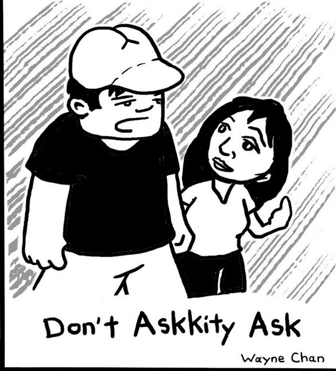 cartoon of Chinese American tourist in Taiwan trying to speak to a salesperson. 
