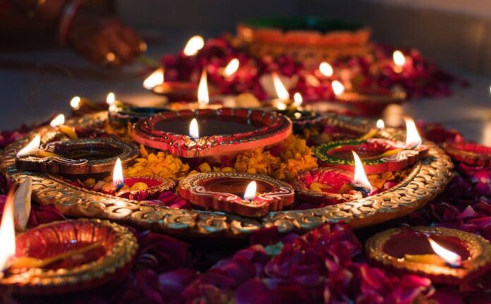 Candles laid out and lit fo celebrate Diwali