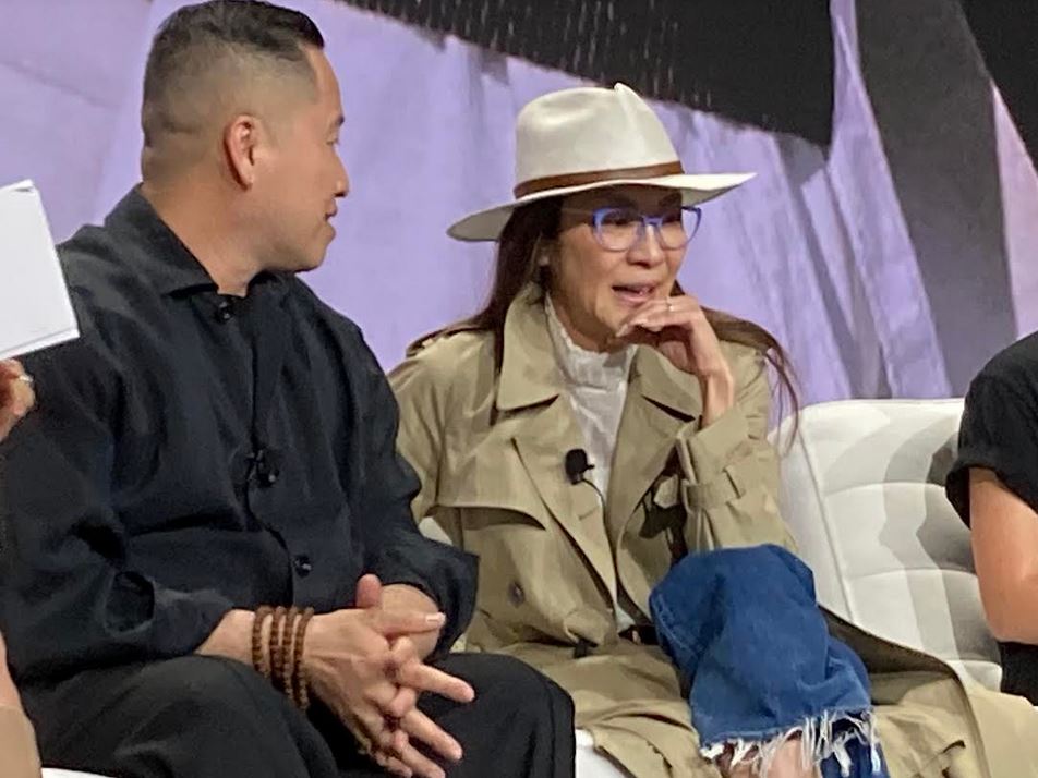 Michelle Yeoh with American Born Chinese creative director Philip Lim looking on 