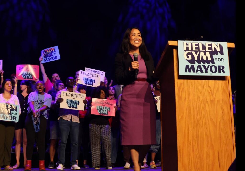 Helen Gym addresses her supporters at a recent rally