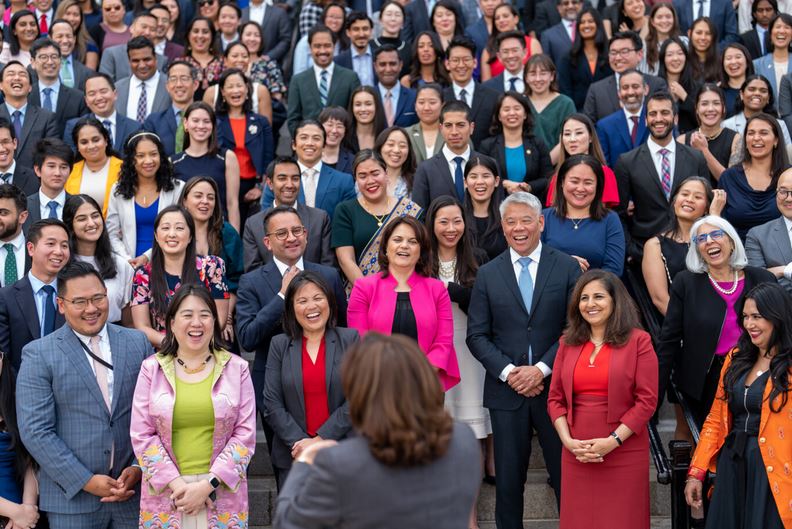 Harris speaks to members of her staff who identify as Asian American, Native Hawaiian or Pacific Islander.