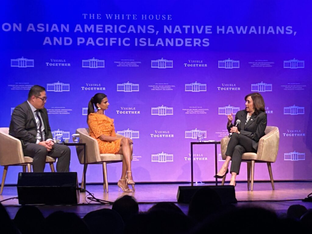 Kamala Harris responds to a question from actress Poorna Jagannathan 