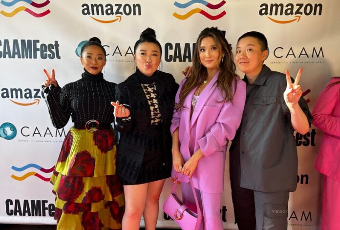 Stephanie Hsu, Sherry Cola, Ashley Park and Sabrina Wu pose on the red carpet at CAAMfest