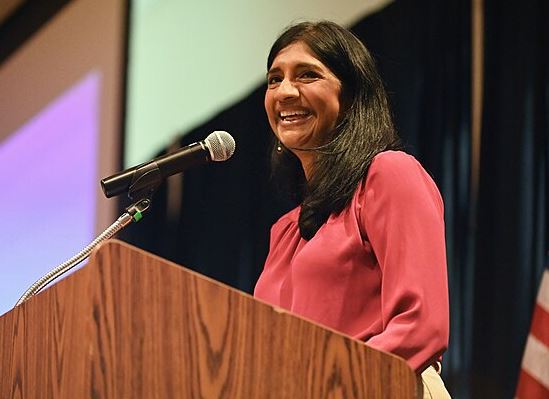 Lt. Governor Aruna Miller smiles as she speaks at the Western Maryland Democratic Summit