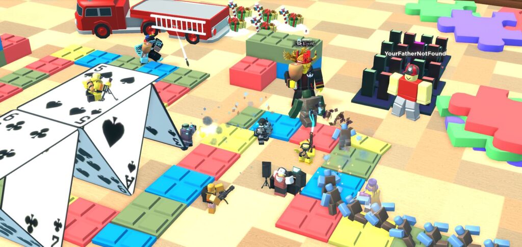 Image of Tower Defense Simulator game with a bridge built from a deck of cards and game players spread throughout the game board