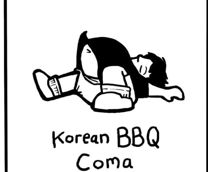 Man with big tummy lays on the ground sick with Korean BBQ coma