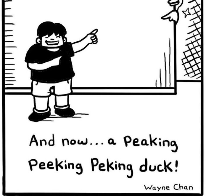 Cartoon of boy declaring his love for Peking duck