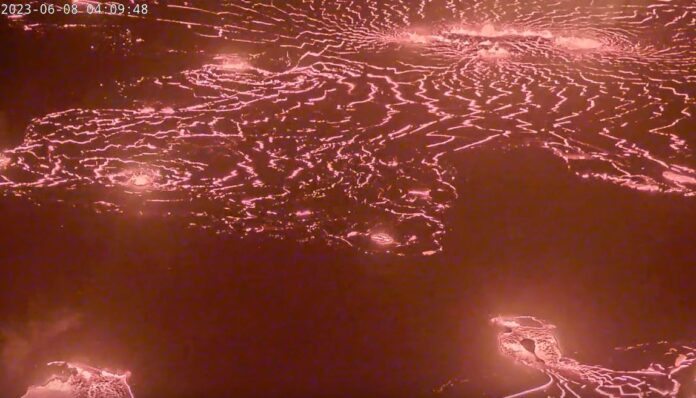 This is an image taken from a live USGS webcam of Kilauea Volcano erupting June 8, 2023