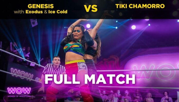 Graphic publicizing Women of Wrestling match between Pacific Islander Tiki and Asian Australian Genesis