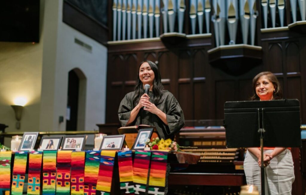 Stephanie Drenka, Dallas Asian American Historical Society Executive Director, and Chanda Parbhoo, South Asian American Voter Empowerment President take part in service following the Allen, TX mall shooting