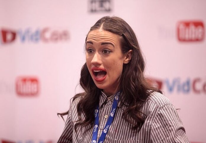 Colleen Ballinger is seen with her mouth wide opened in this photo