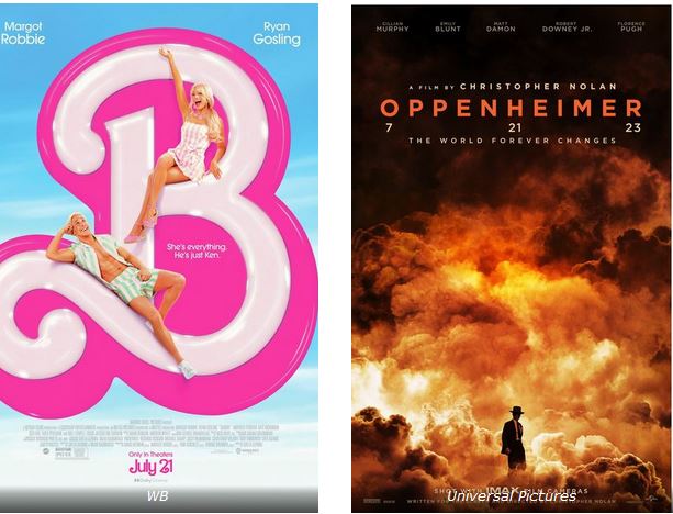 Posters for Barbie and Oppenheimer are displayed side by side. Barbie poster shows a large 