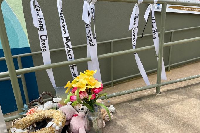 flowers and ribbons made up the Half Moon Bay Shooting memorial