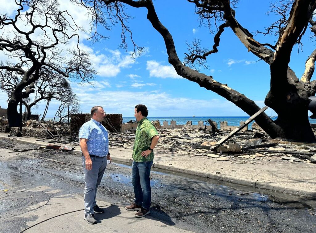 US Senator Brian Schatz surveys the damage on Front Street in Lahaina