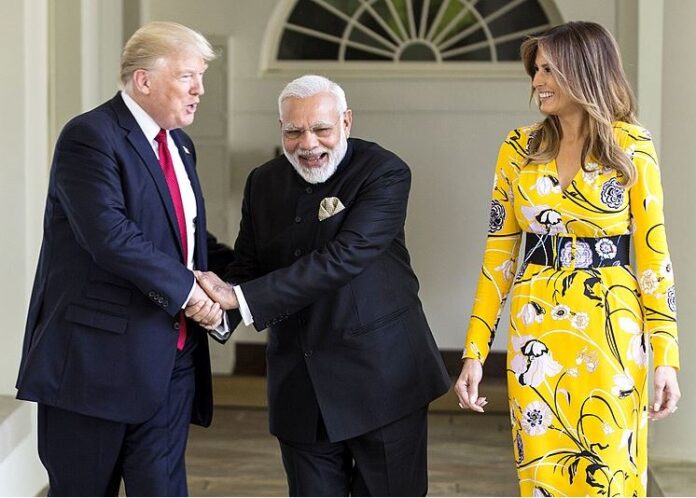 Donald and Melania Trump greet Indian Prime Minister Narendra Modi during a visit to the White House in 2017