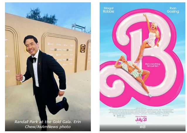 photo on left shows Randall Park running in a tuxedo at the Gold Gala in May 2023. The right image is a poster showing barbie resting on the letter 