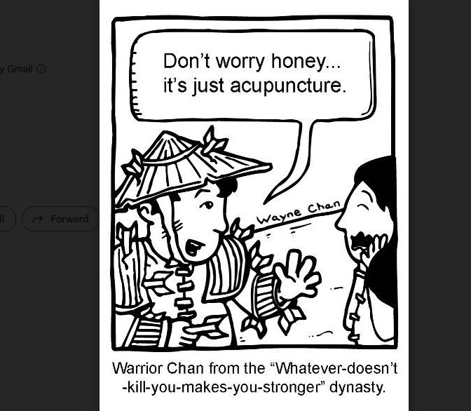 Cartoon shows a man assuring his lady friend that acupuncture is no big deal