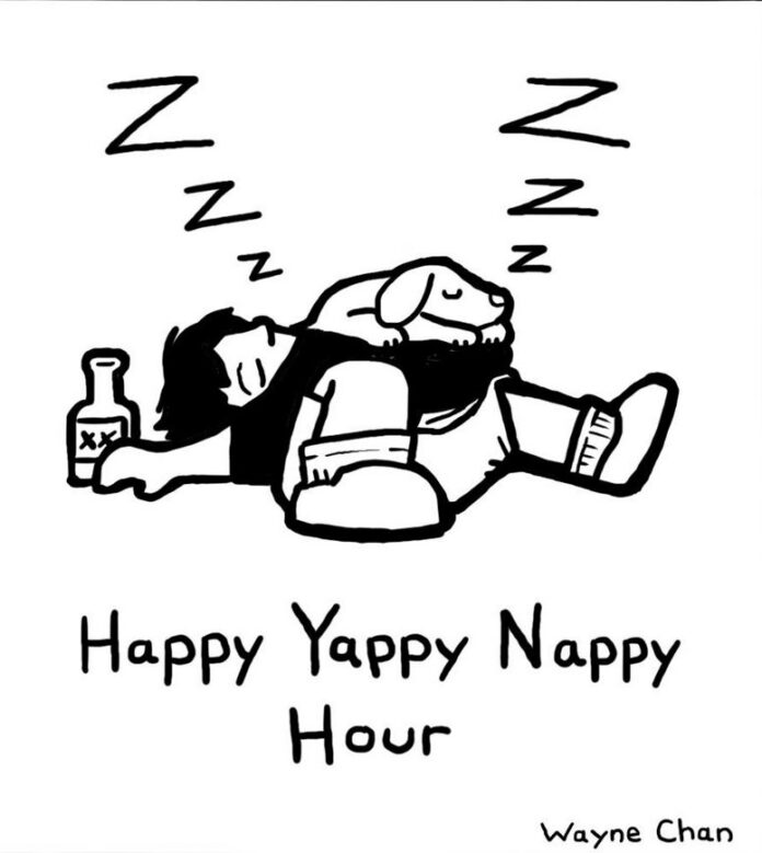 Cartoon of man sleeping on his back under the caption, Happy Yappy Nappy Hour