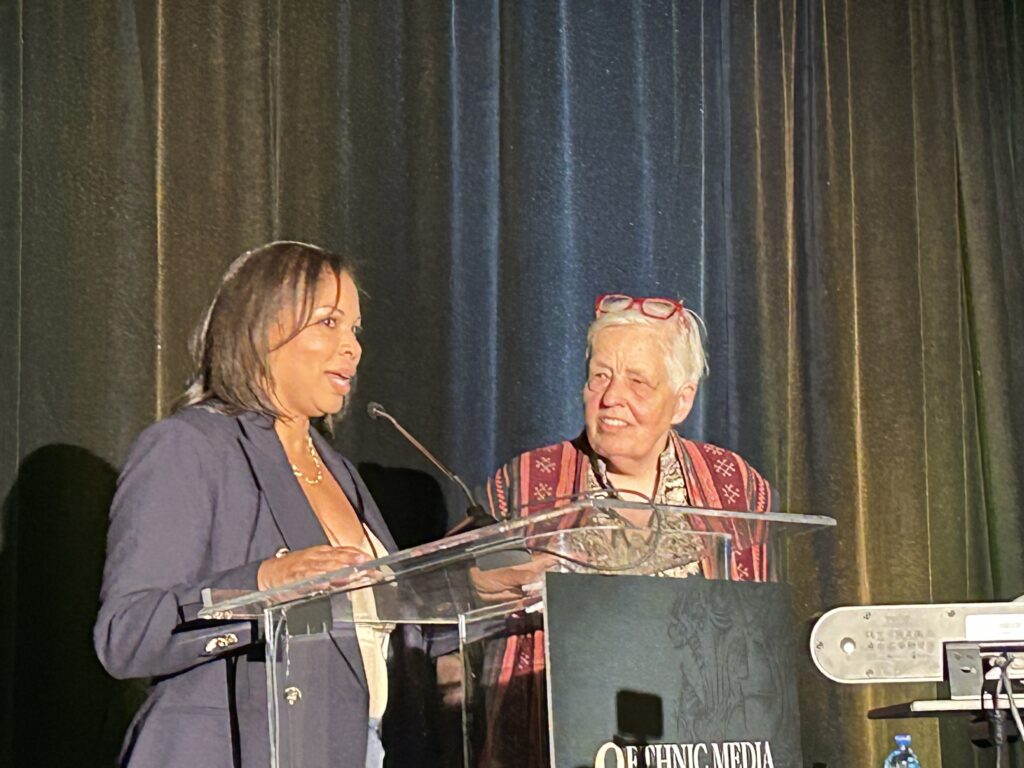  Regina Wilson, executive director of California Black Media, and Sandy Close, executive director of Ethnic Media Services, as they give closing remarks at the end of the night. Photo by Corrie Martin
