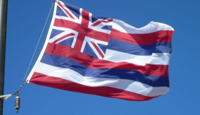 The Hawaii State flag blows in the wind