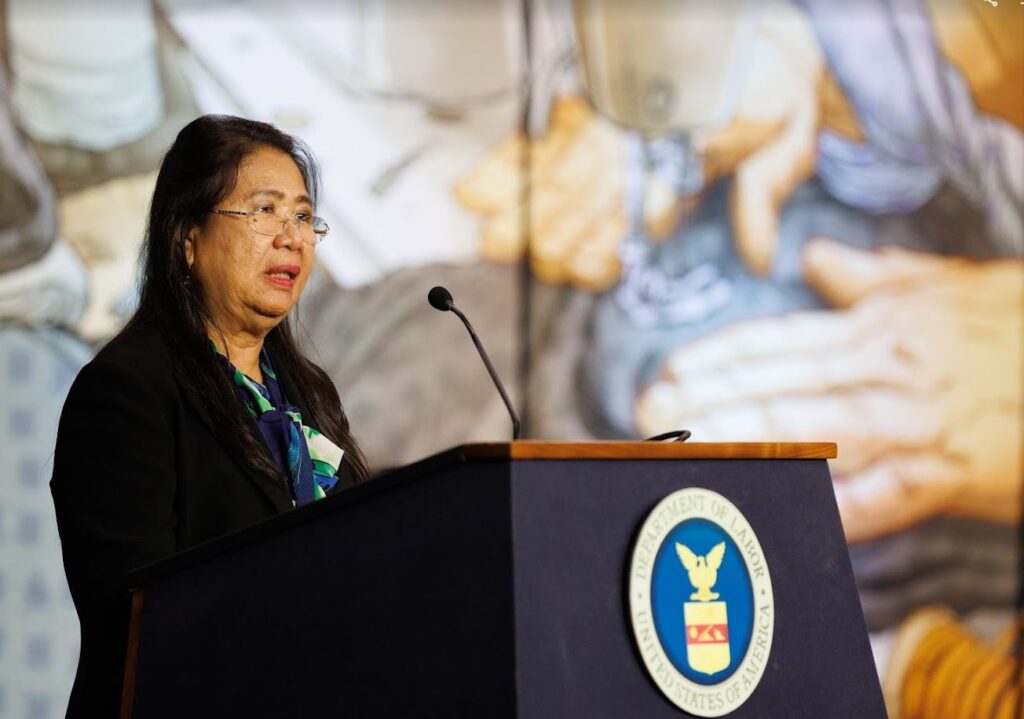 Nantha Jaknang, a Thai garment worker who survived enslavement at the El Monte complex, shares her story in Thai at the Labor Hall of Honor induction ceremony.