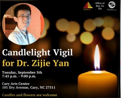 A candlelight memorial will be held to remember Zijie Yan, a professor murdered on the University of North Carolina campus