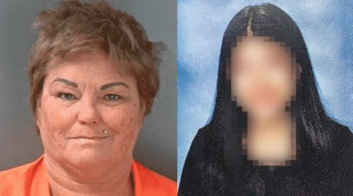 Suspect in prison jump suit is pictured next to her victim