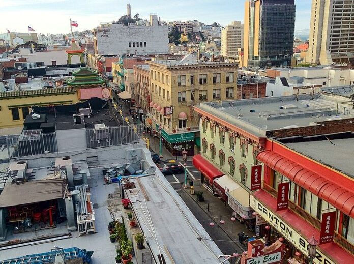 Aerial shot of San Francisco Chinatown looking down on Stockton Street