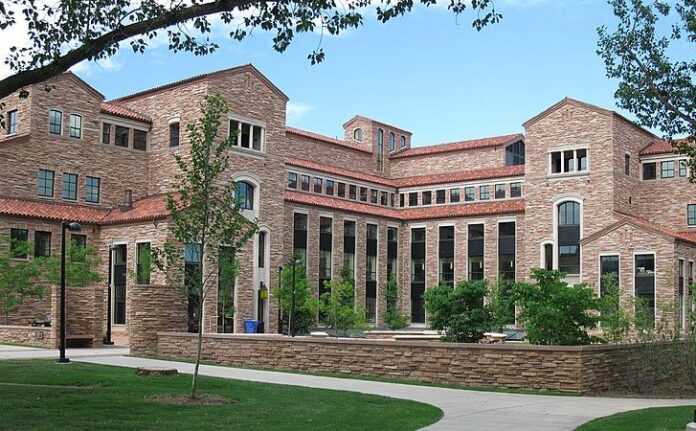 Wolf Law building at University of Colorado at Boulder, taken from the southwest.