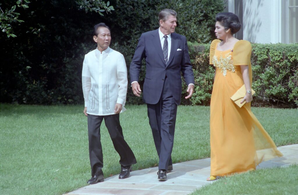 Philippine Military Dictator Marcos Sr. with U.S. President Ronald Reagan and Imelda Marcos outside the Oval Office, Sept. 16, 1982. White House Photographic Collection, NAID 75852403 Anti-Marcos Bongbong No To APEC 2023