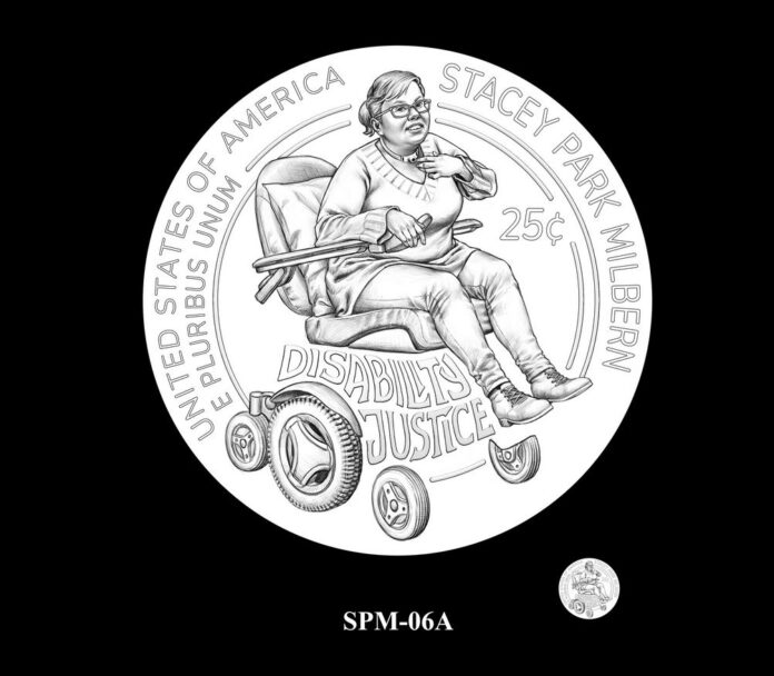 Stacey Milbern is seen on this quarter in a wheel chair