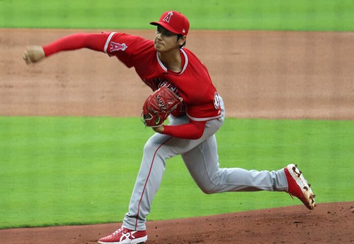 Shohei Ohtani is seen here throwing off the mound
